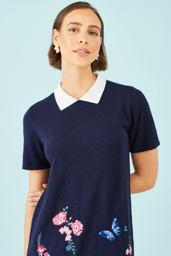 Yumi Navy Embroidered Knitted Floral Tunic - QHA UK