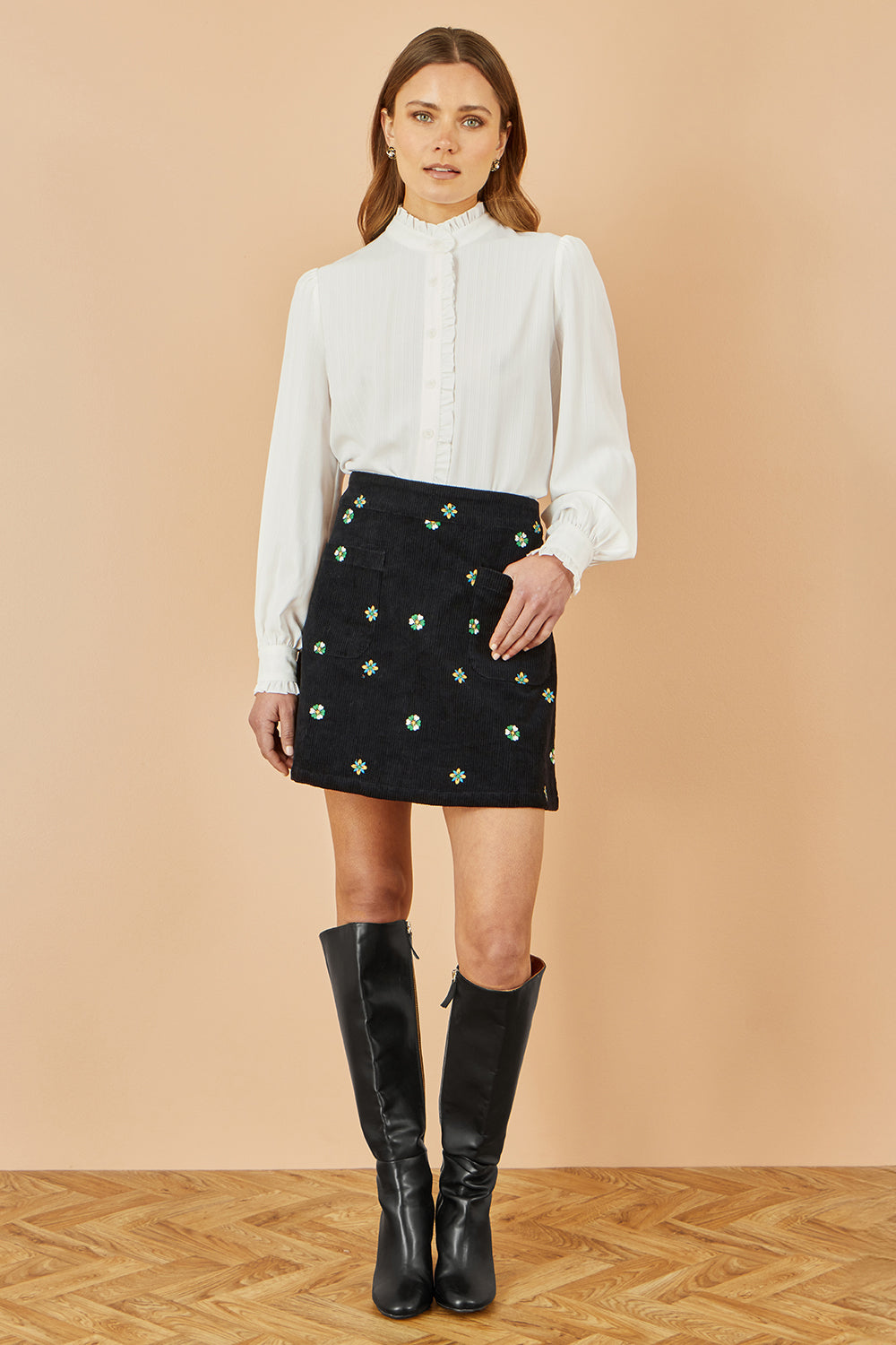 Yumi Black Flower Embroidered Cord Mini Skirt - QHA UK
