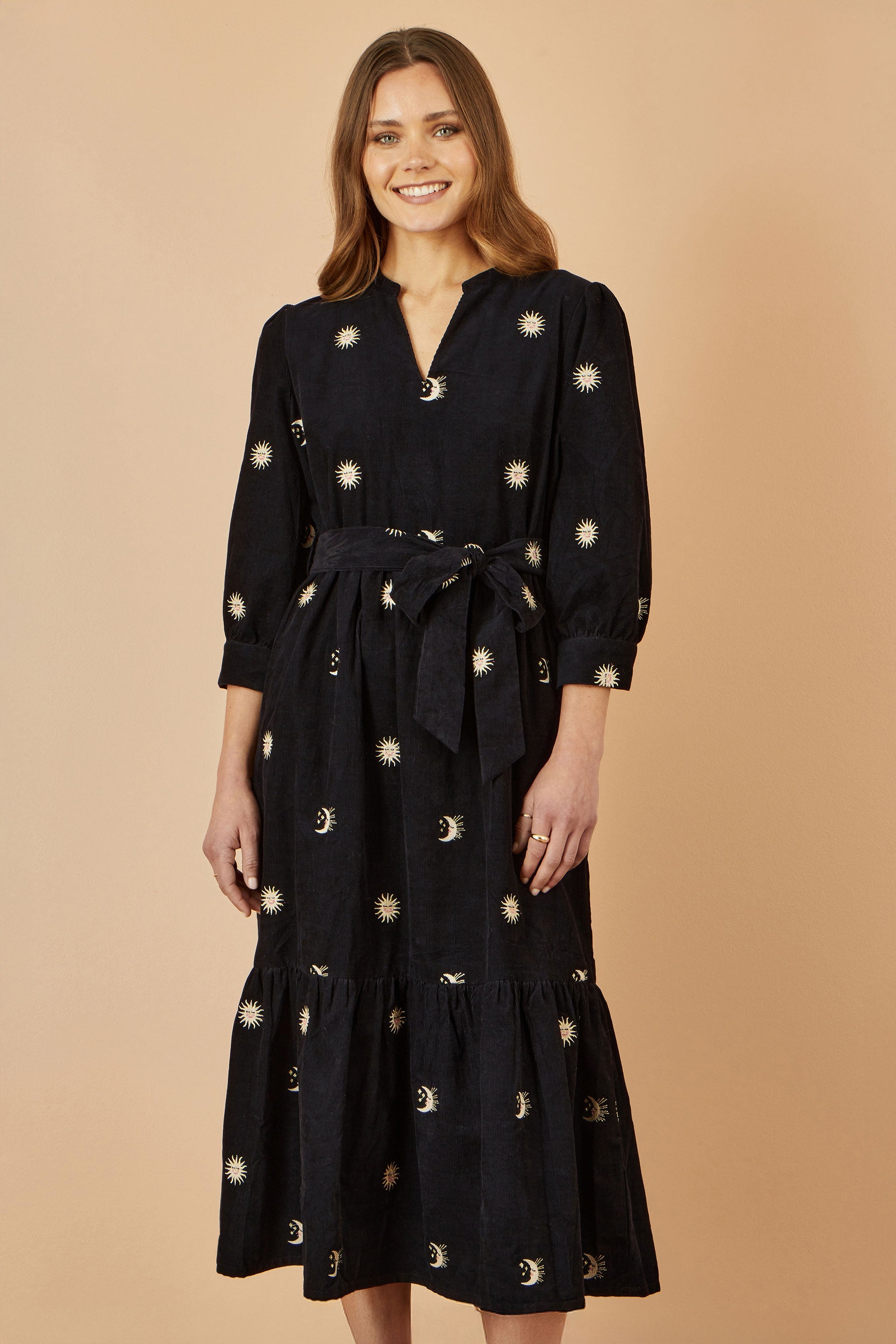 Yumi Black Cosmic Embroidery Cord Midi Shirt Dress - QHA UK