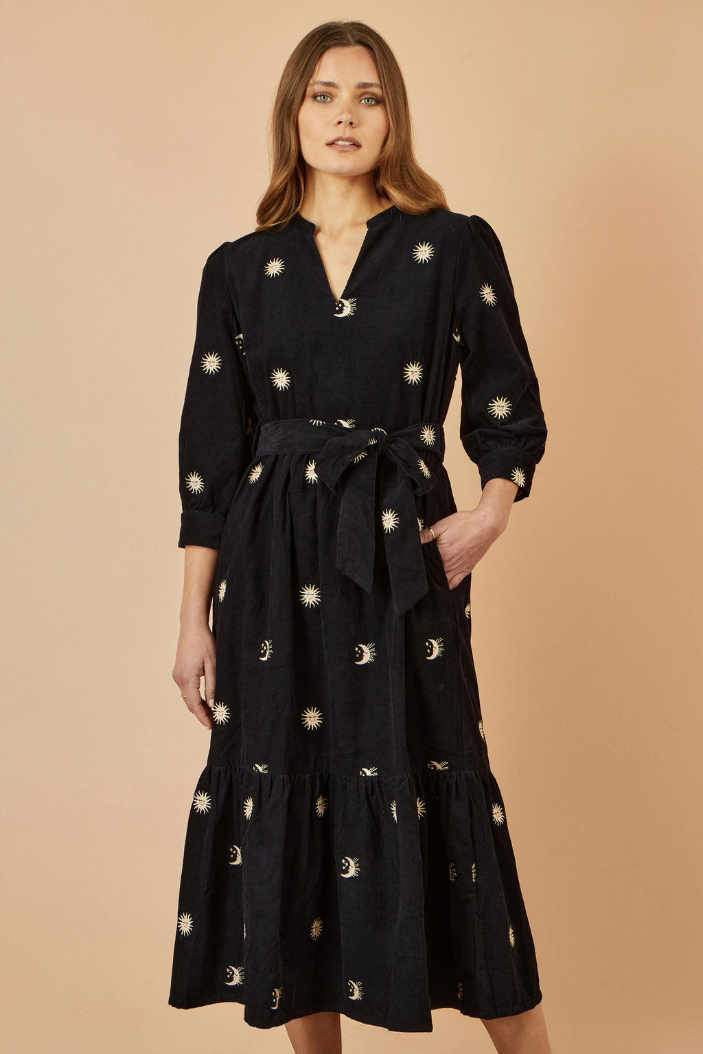 Yumi Black Cosmic Embroidery Cord Midi Shirt Dress - QHA UK