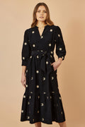 Yumi Black Cosmic Embroidery Cord Midi Shirt Dress - QHA UK