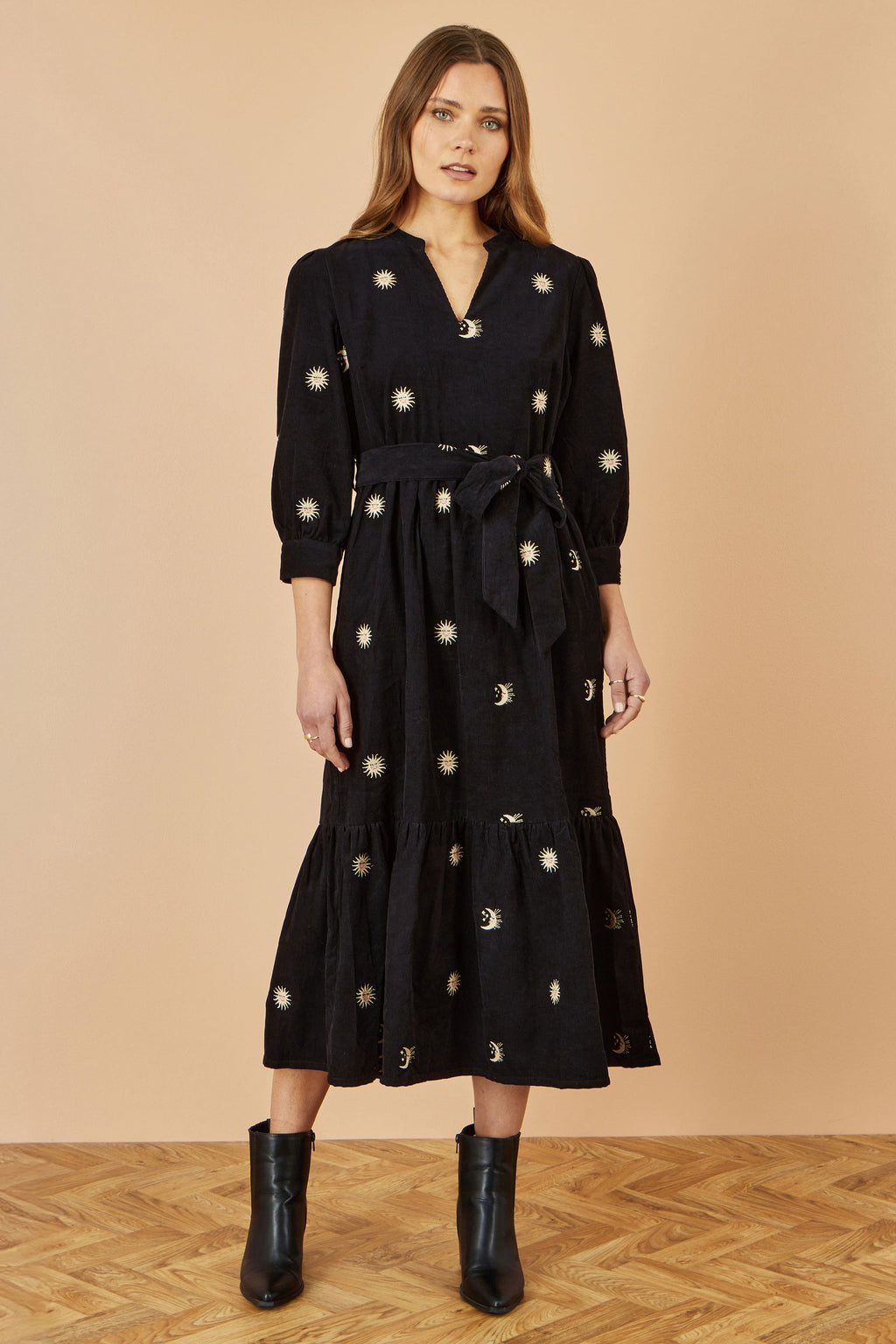 Yumi Black Cosmic Embroidery Cord Midi Shirt Dress - QHA UK