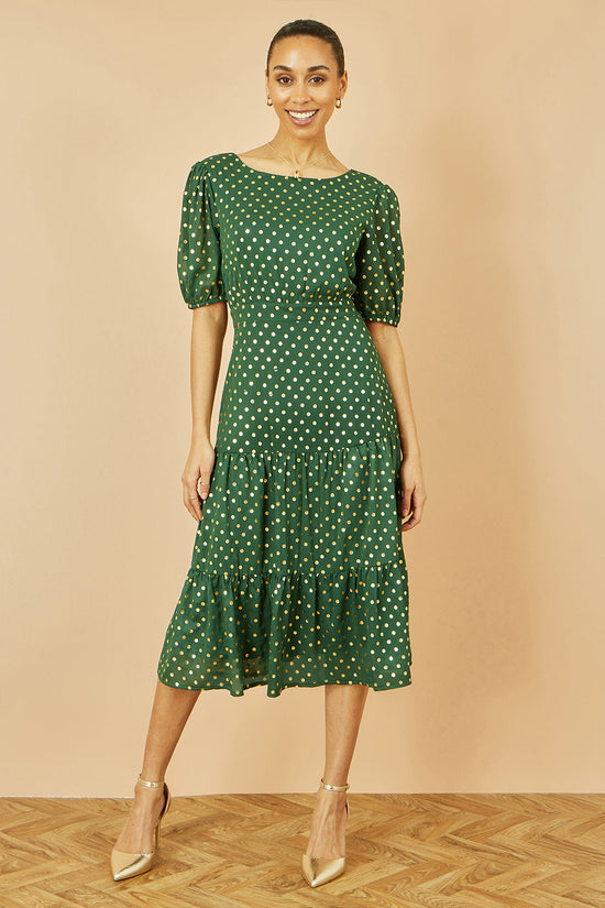 Yumi Green Gold Foil Spot Midi Dress With Scoop Back - QHA UK