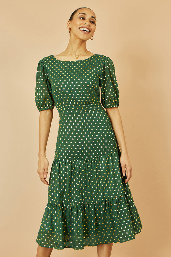 Yumi Green Gold Foil Spot Midi Dress With Scoop Back - QHA UK