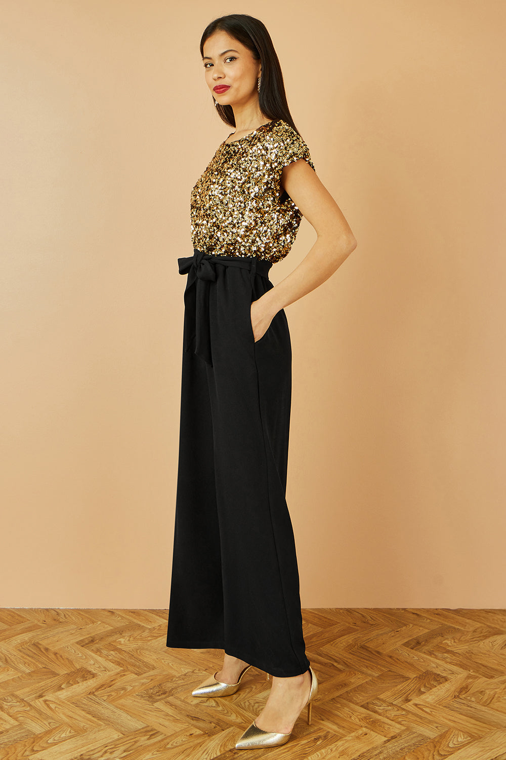 Yumi Gold Sequin Top Stretch Jumpsuit - QHA UK