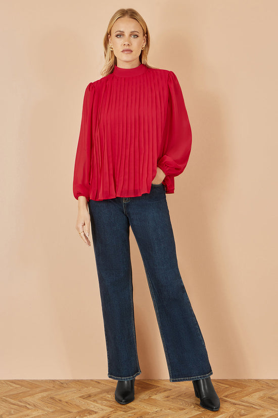 Yumi Red Pleated Long Sleeve Top With High Neck - QHA UK