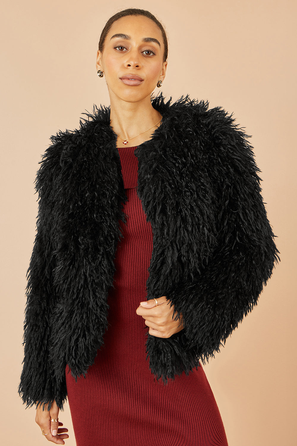 Yumi Black Luxe Fluffy Faux Fur Coat - QHA UK