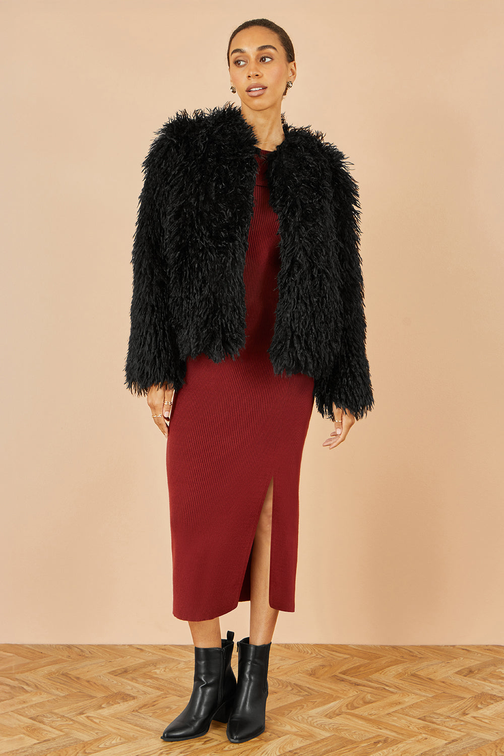 Yumi Black Luxe Fluffy Faux Fur Coat - QHA UK