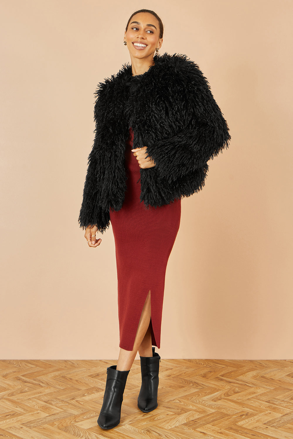 Yumi Black Luxe Fluffy Faux Fur Coat - QHA UK
