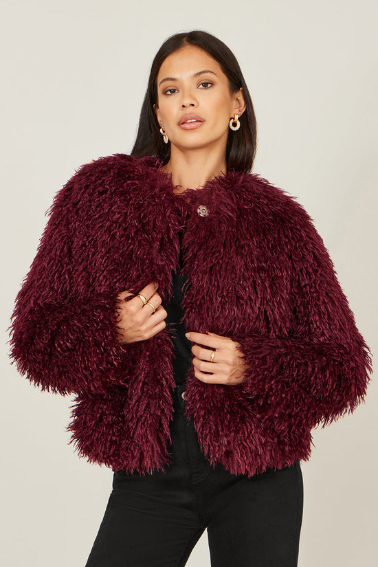 Yumi Burgundy Luxe Fluffy Faux Fur Coat - QHA UK
