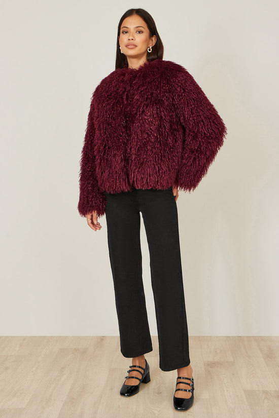 Yumi Burgundy Luxe Fluffy Faux Fur Coat - QHA UK
