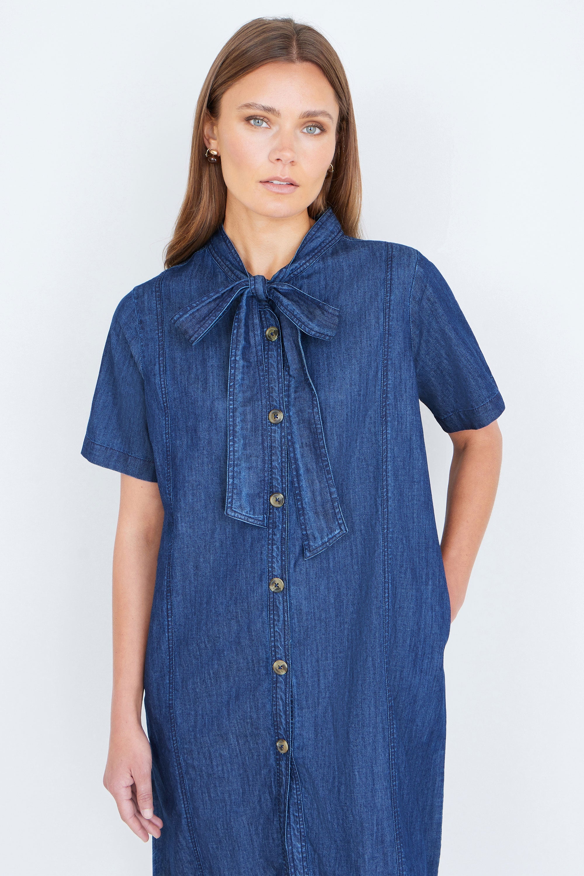 Yumi Blue Chambray Tunic With Pussy Bow Tie