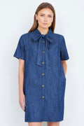 Yumi Blue Chambray Tunic With Pussy Bow Tie - QHA UK
