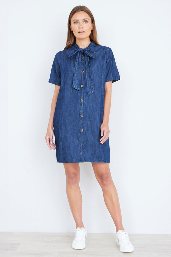 Yumi Blue Chambray Tunic With Pussy Bow Tie - QHA UK
