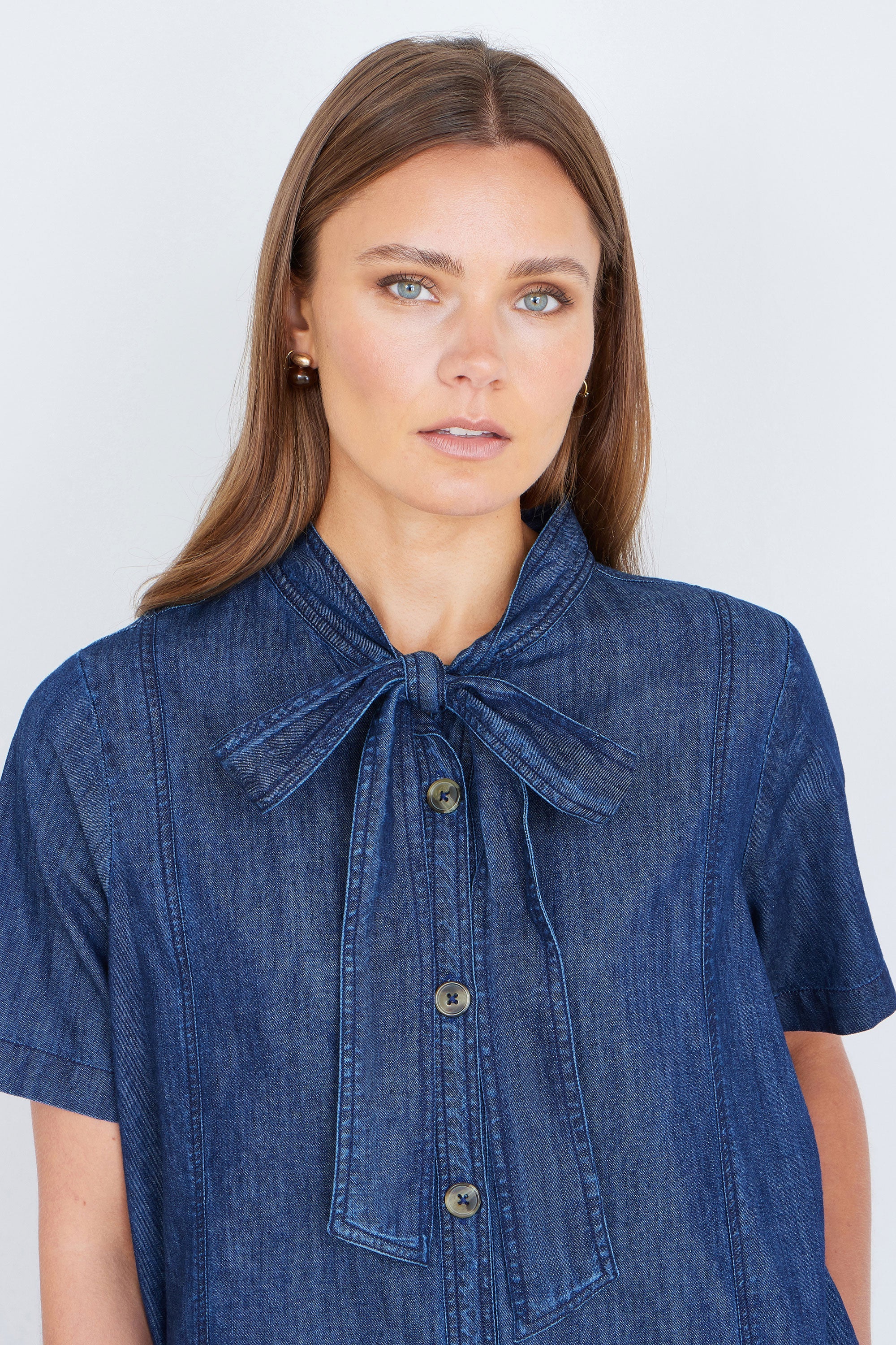 Yumi Blue Chambray Tunic With Pussy Bow Tie
