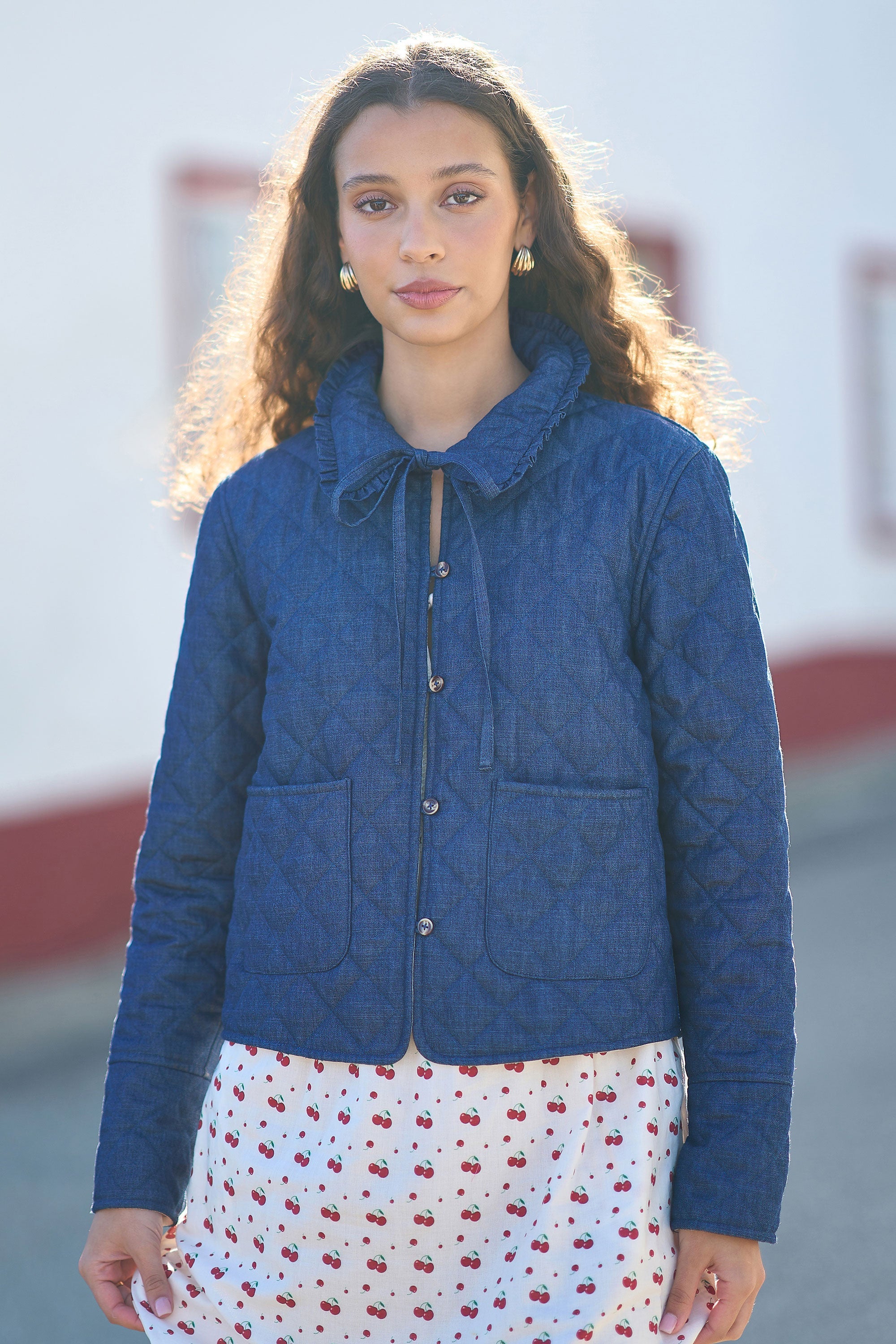 Yumi Blue Chambray Quilted Jacket With Cherry Lining