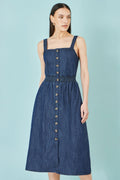 Yumi Blue Chambray Cotton Ruched Midi Sun Dress - QHA UK