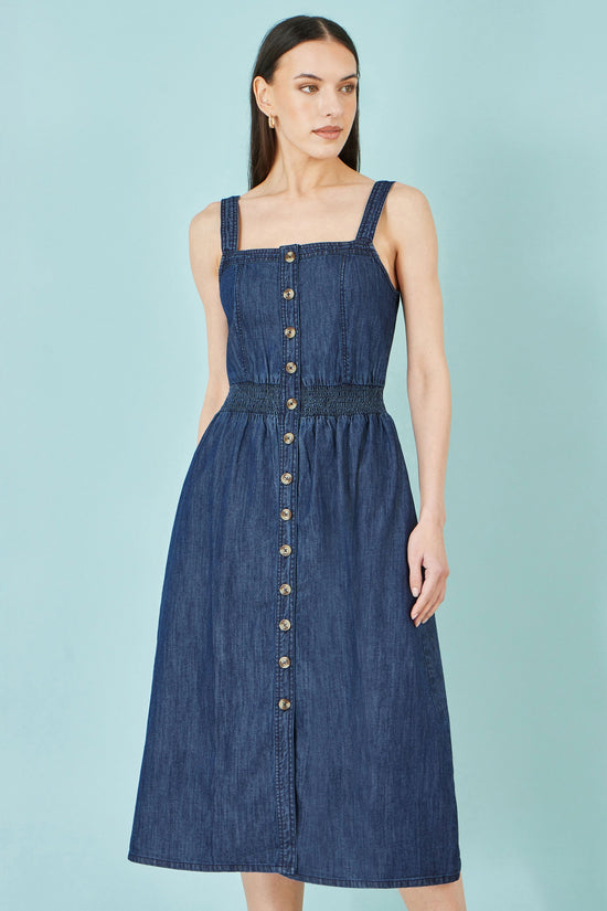 Yumi Blue Chambray Cotton Ruched Midi Sun Dress - QHA UK