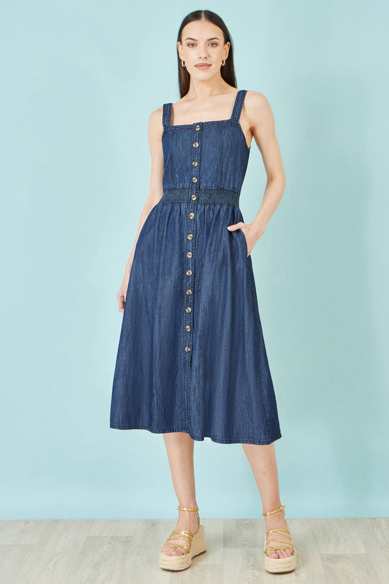 Yumi Blue Chambray Cotton Ruched Midi Sun Dress - QHA UK