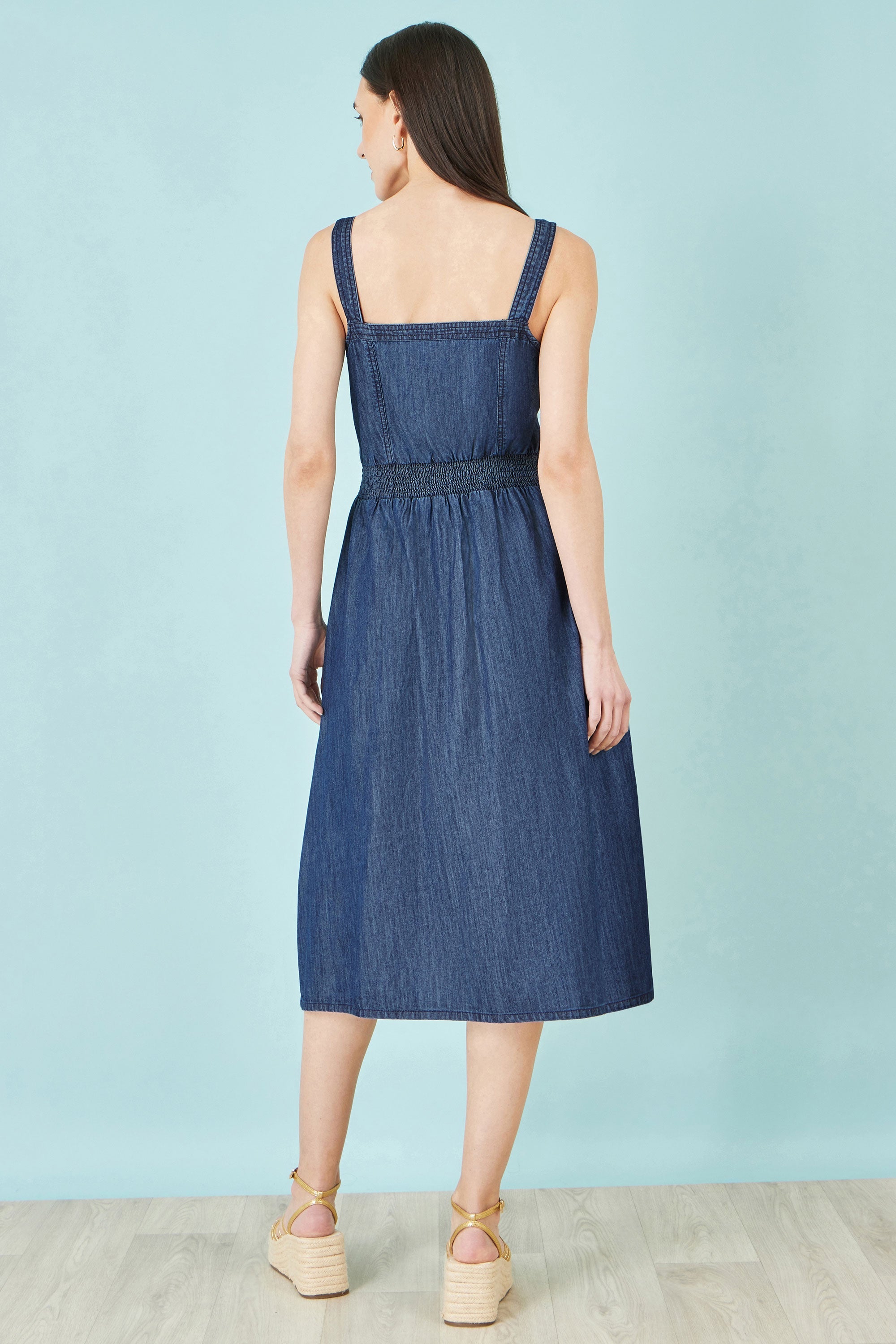 Yumi Blue Chambray Cotton Ruched Midi Sun Dress - QHA UK