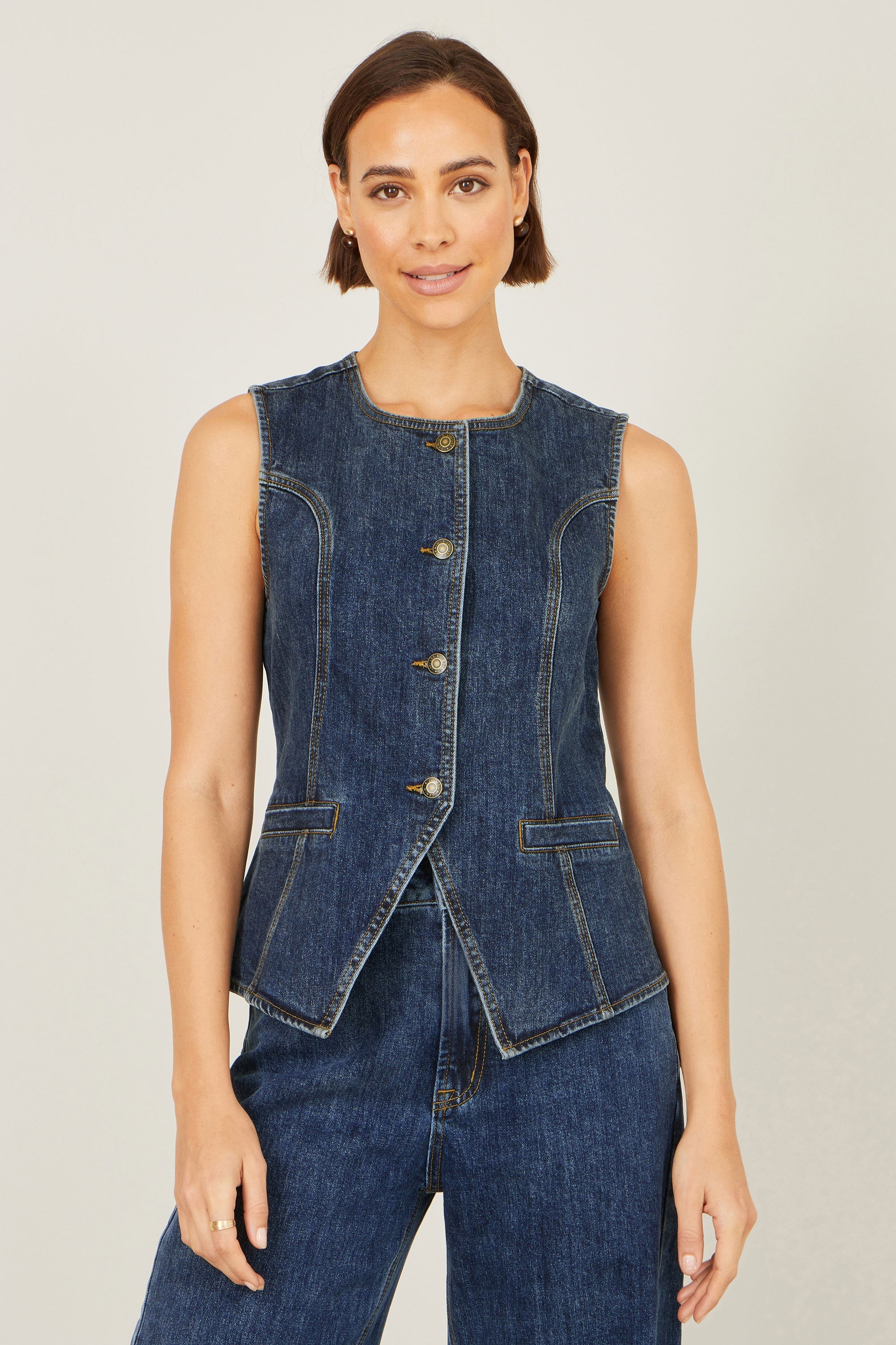 Yumi Blue Stretch Long Denim Waistcoat