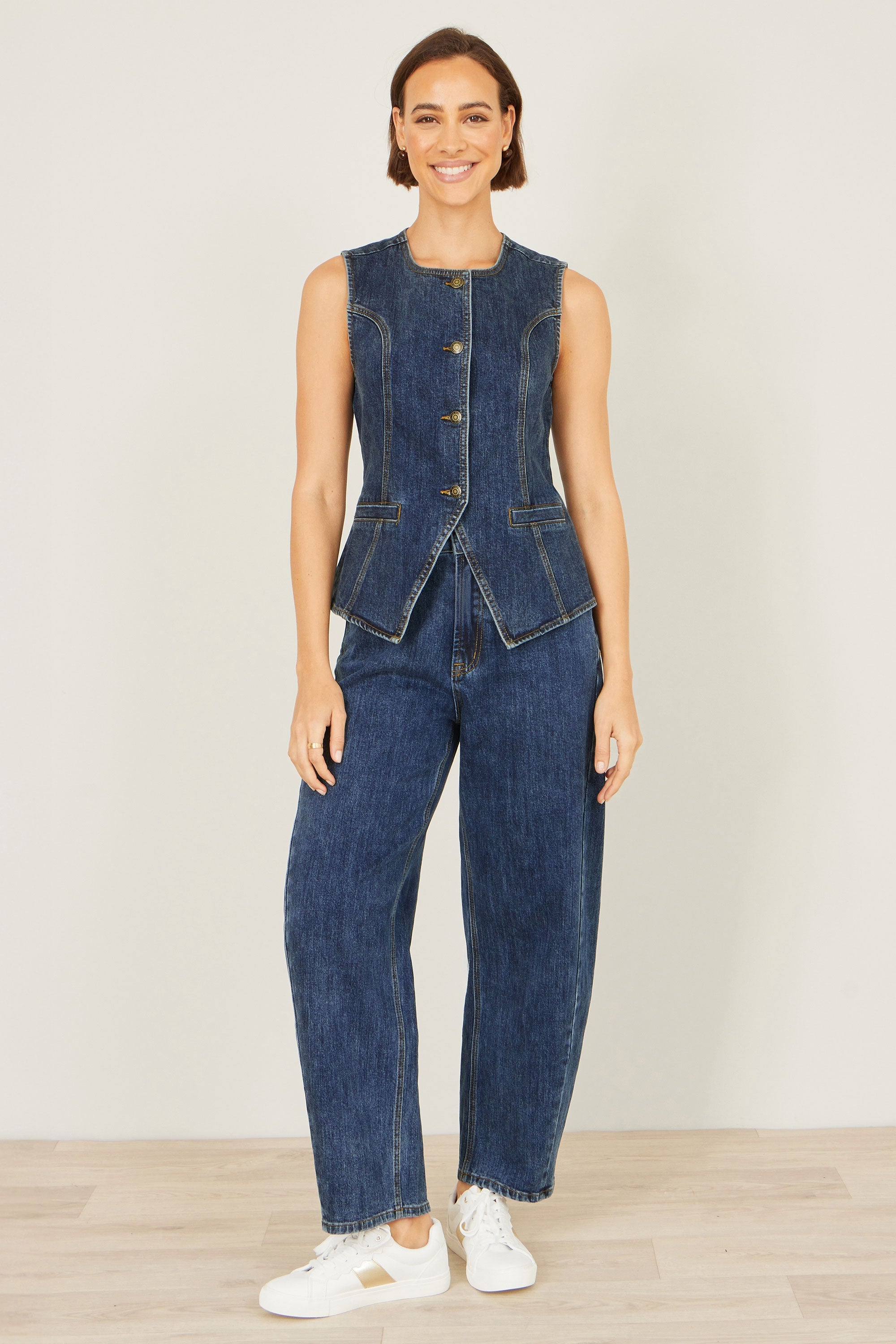 Yumi Blue Stretch Long Denim Waistcoat
