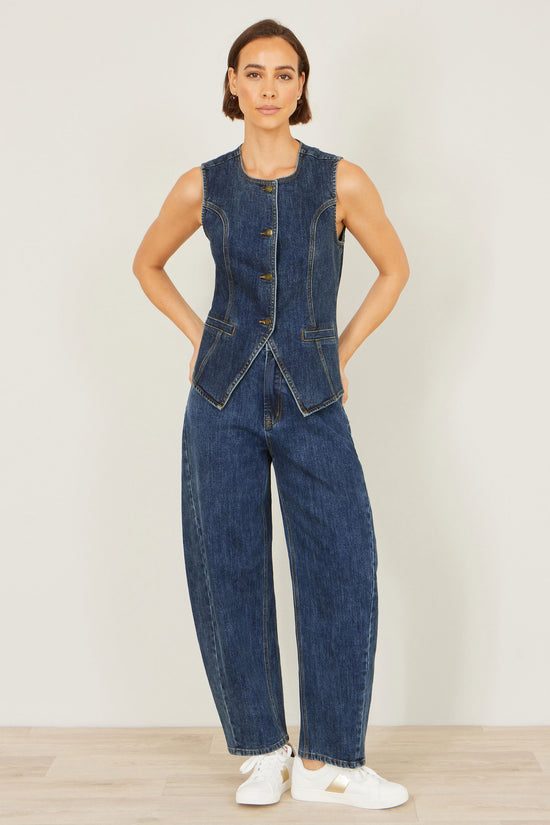 Yumi Blue Stretch Long Denim Waistcoat - QHA UK