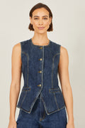 Yumi Blue Stretch Long Denim Waistcoat - QHA UK