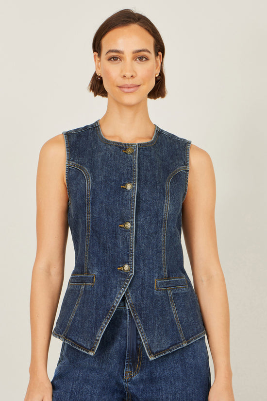 Yumi Blue Stretch Long Denim Waistcoat - QHA UK