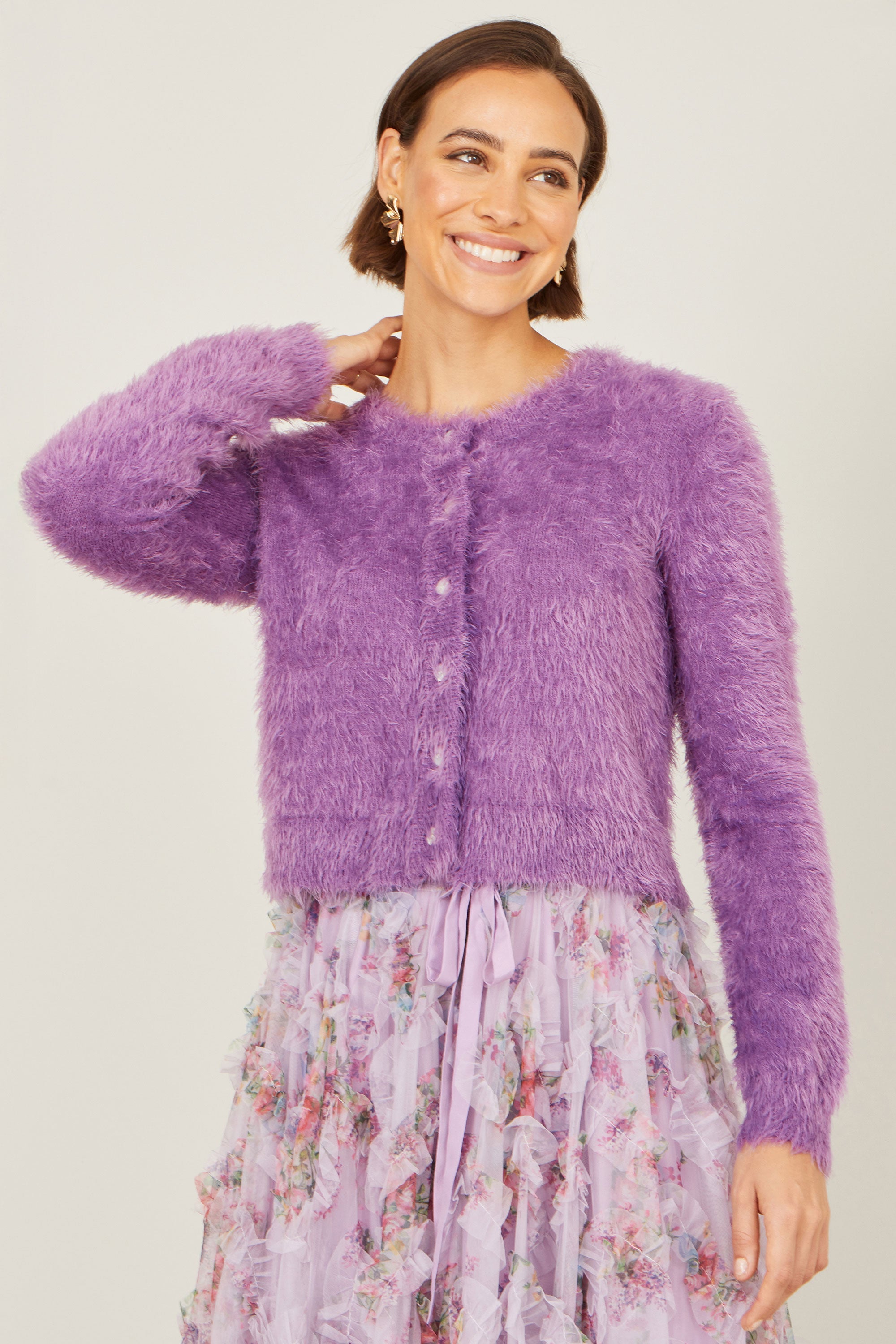 Yumi Lavender Eyelash Knit Cropped Cardigan