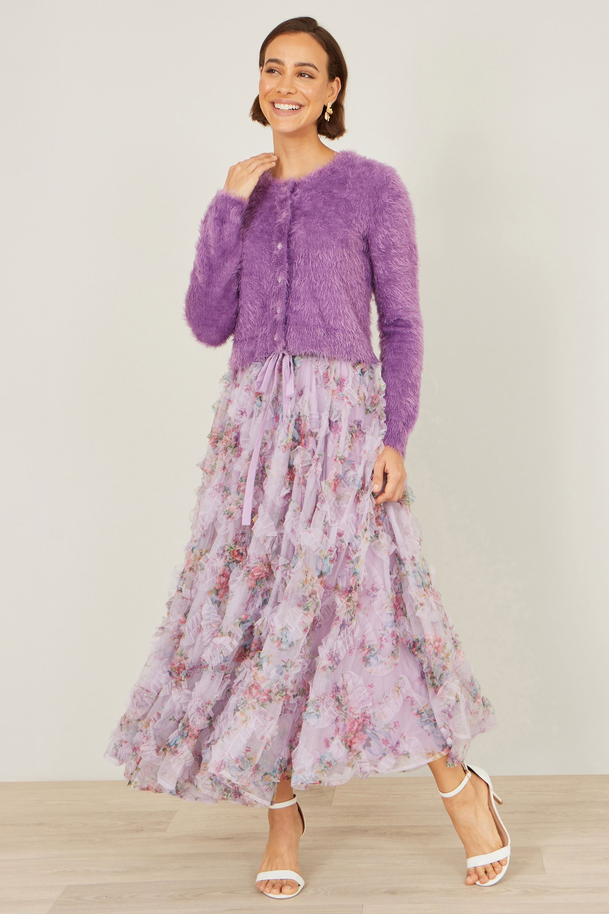 Yumi Lavender Eyelash Knit Cropped Cardigan