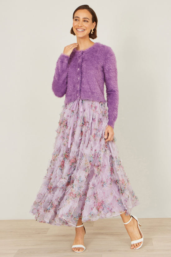 Yumi Lavender Eyelash Knit Cropped Cardigan - QHA UK