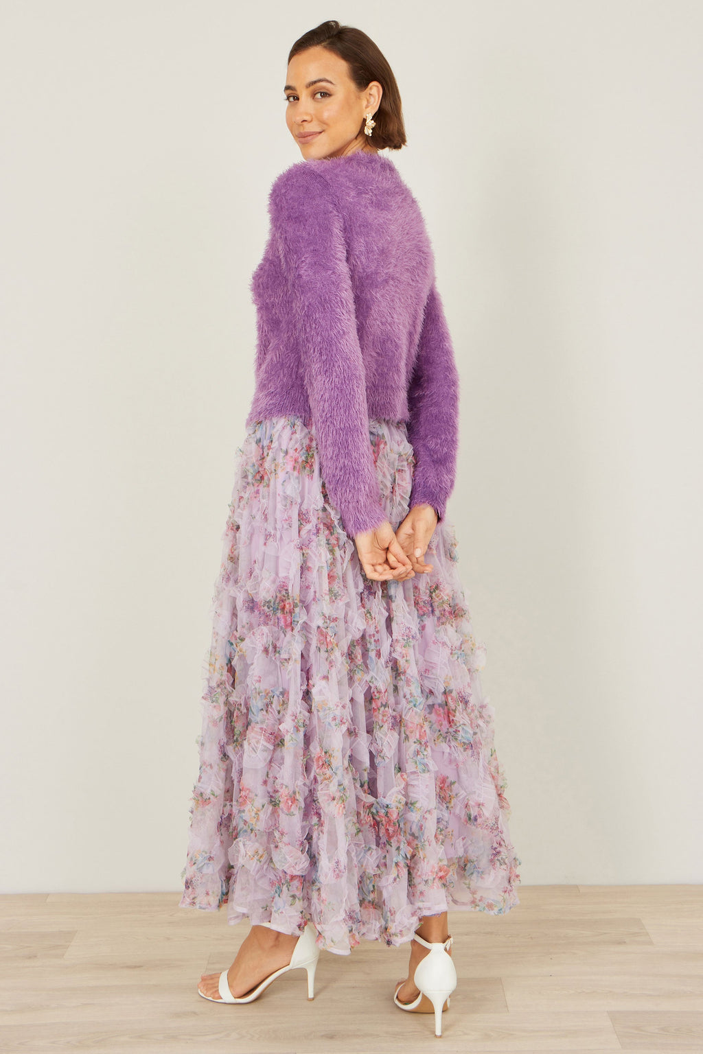 Yumi Lavender Eyelash Knit Cropped Cardigan
