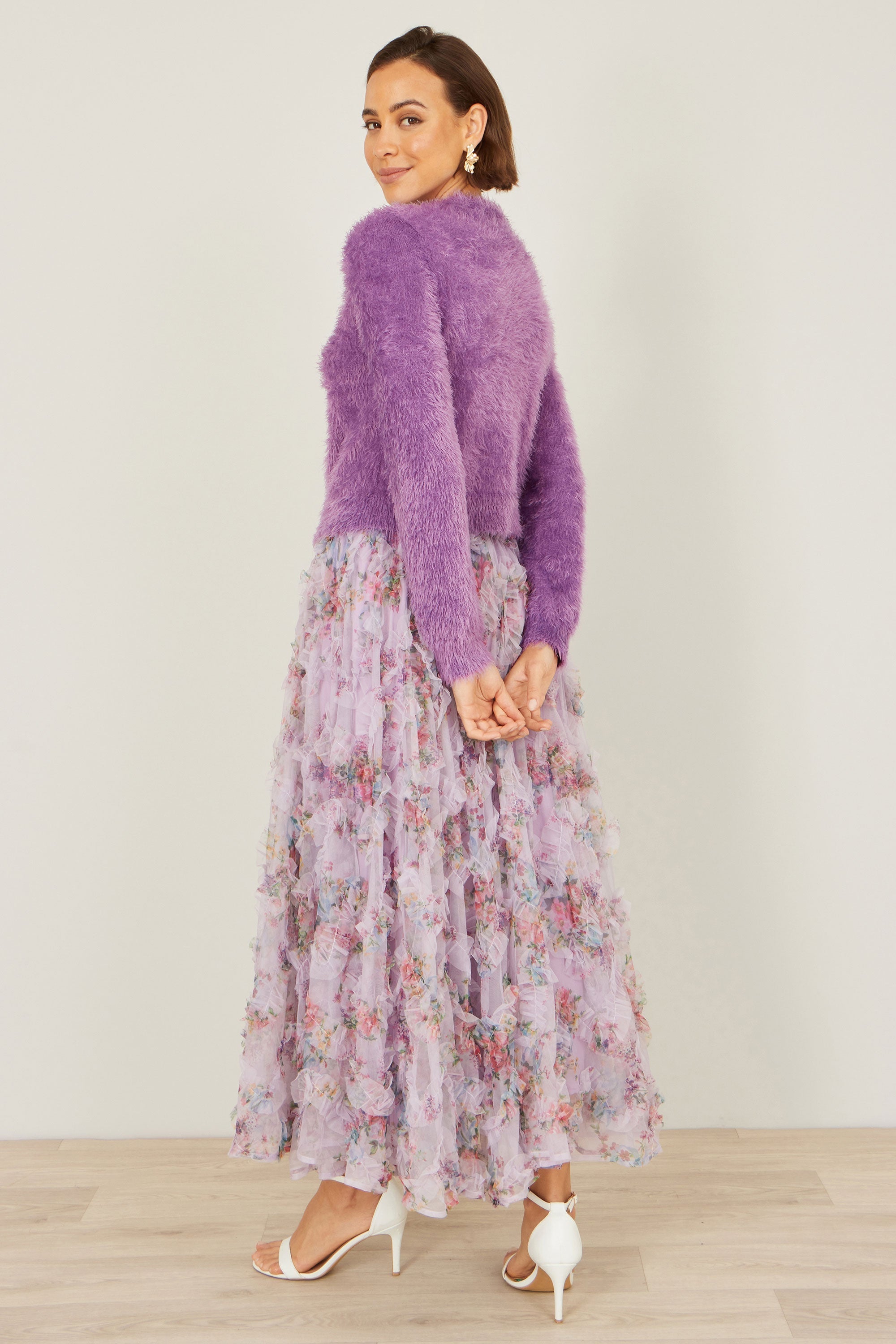 Yumi Lavender Eyelash Knit Cropped Cardigan