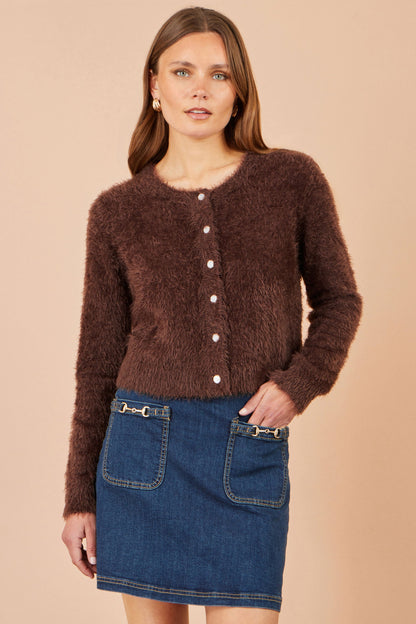 Yumi Women's Brown Eyelash Knit Cropped Cardigan with Sparkle Button Detail