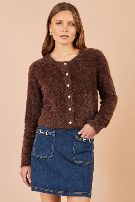 Yumi Women's Brown Eyelash Knit Cropped Cardigan with Sparkle Button Detail