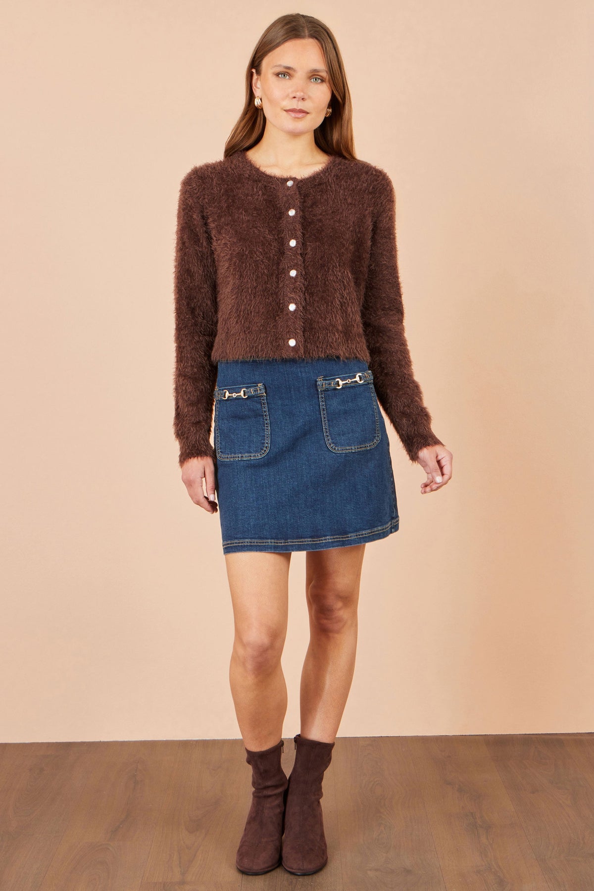 Yumi Women's Brown Eyelash Knit Cropped Cardigan with Sparkle Button Detail