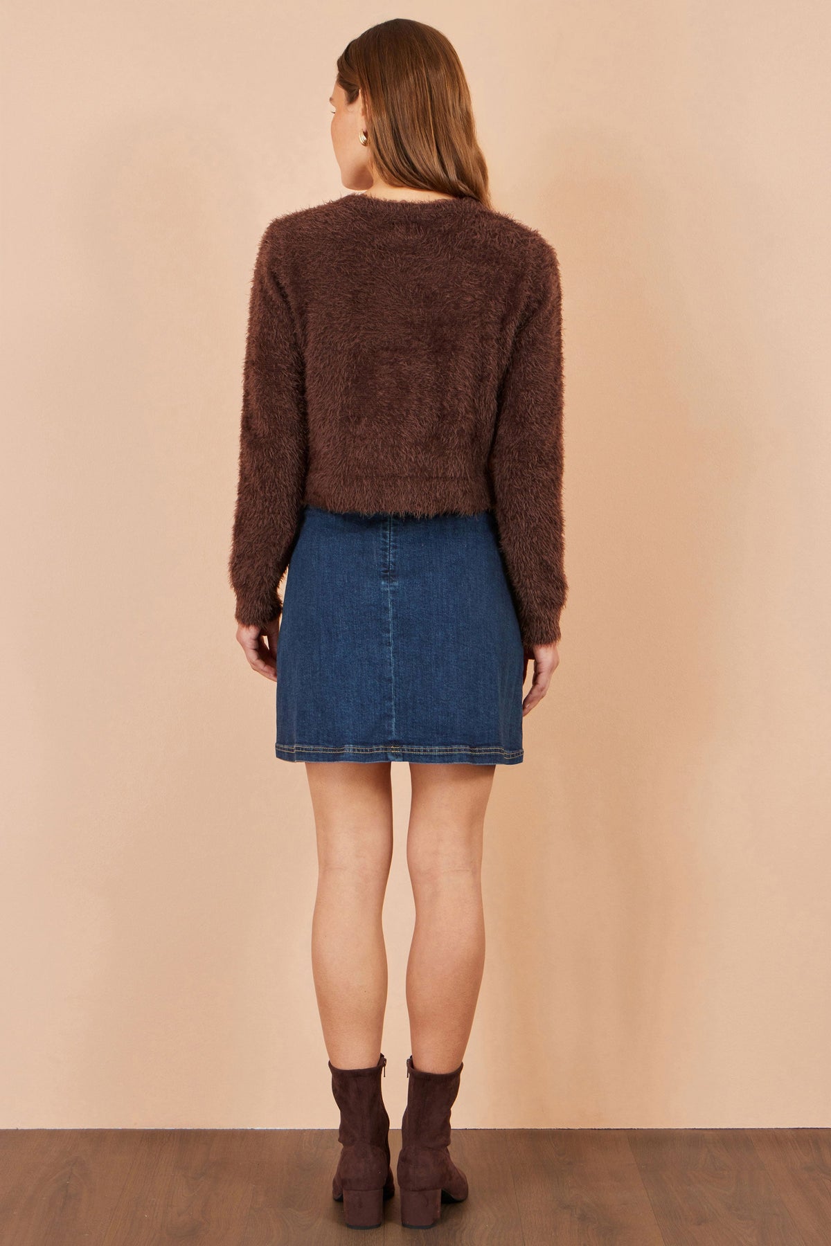 Yumi Women's Brown Eyelash Knit Cropped Cardigan with Sparkle Button Detail