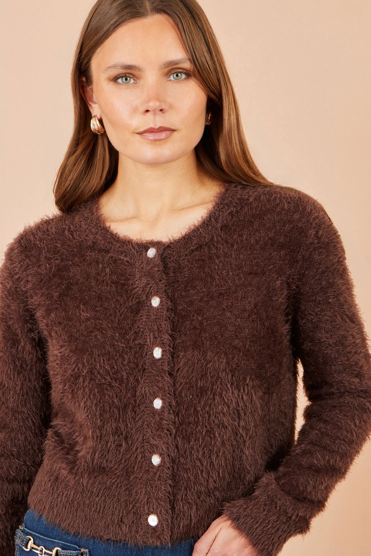 Yumi Women's Brown Eyelash Knit Cropped Cardigan with Sparkle Button Detail