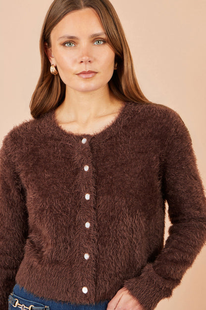 Yumi Women's Brown Eyelash Knit Cropped Cardigan with Sparkle Button Detail