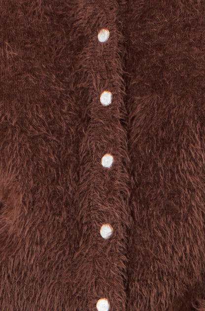Yumi Women's Brown Eyelash Knit Cropped Cardigan with Sparkle Button Detail