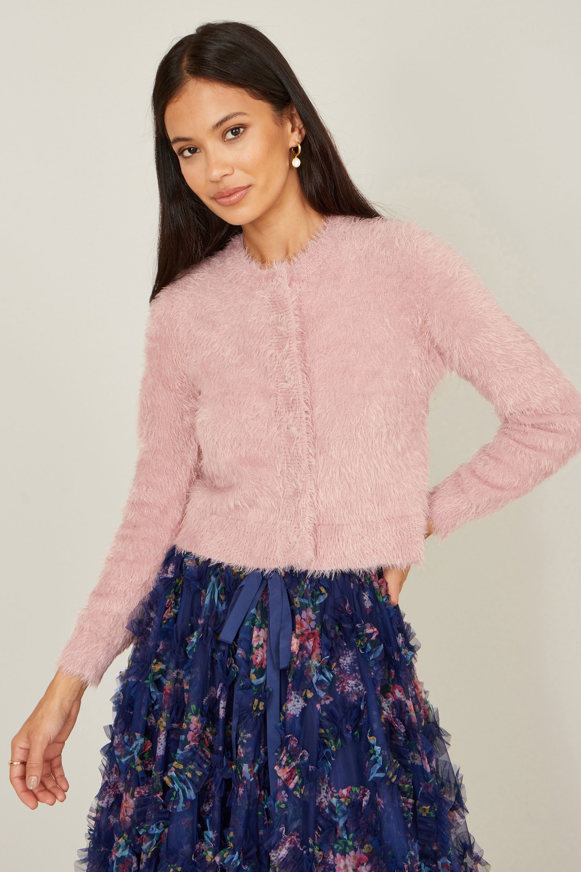 Yumi Pink Eyelash Knit Cropped Cardigan