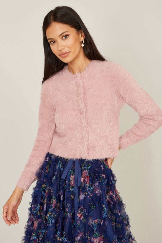 Yumi Pink Eyelash Knit Cropped Cardigan - QHA UK