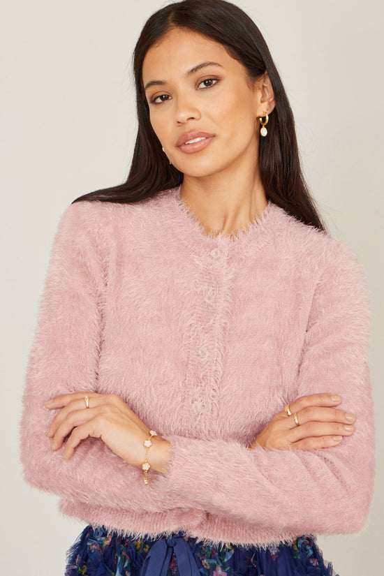 Yumi Pink Eyelash Knit Cropped Cardigan - QHA UK
