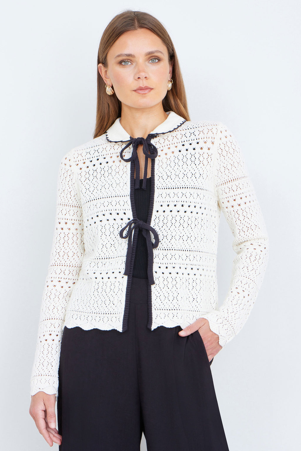 Yumi Ivory Crochet Knitted Cardigan With Peter Pan Collar - QHA UK