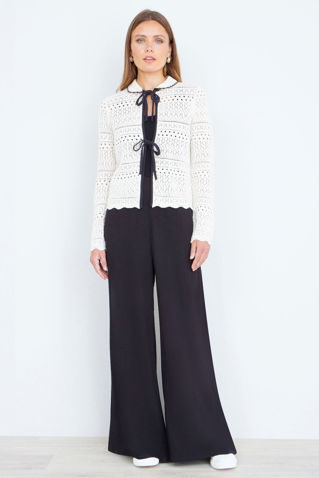Yumi Ivory Crochet Knitted Cardigan With Peter Pan Collar - QHA UK