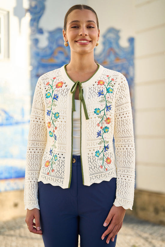 Yumi Ivory Crochet Knitted Tie Front Cardigan With Floral Embroidery - QHA UK