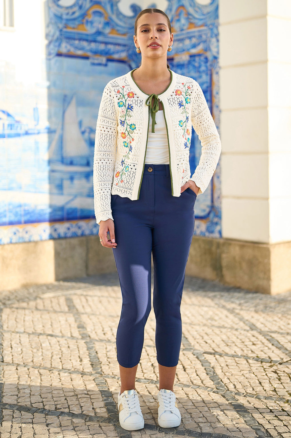 Yumi Ivory Crochet Knitted Tie Front Cardigan With Floral Embroidery