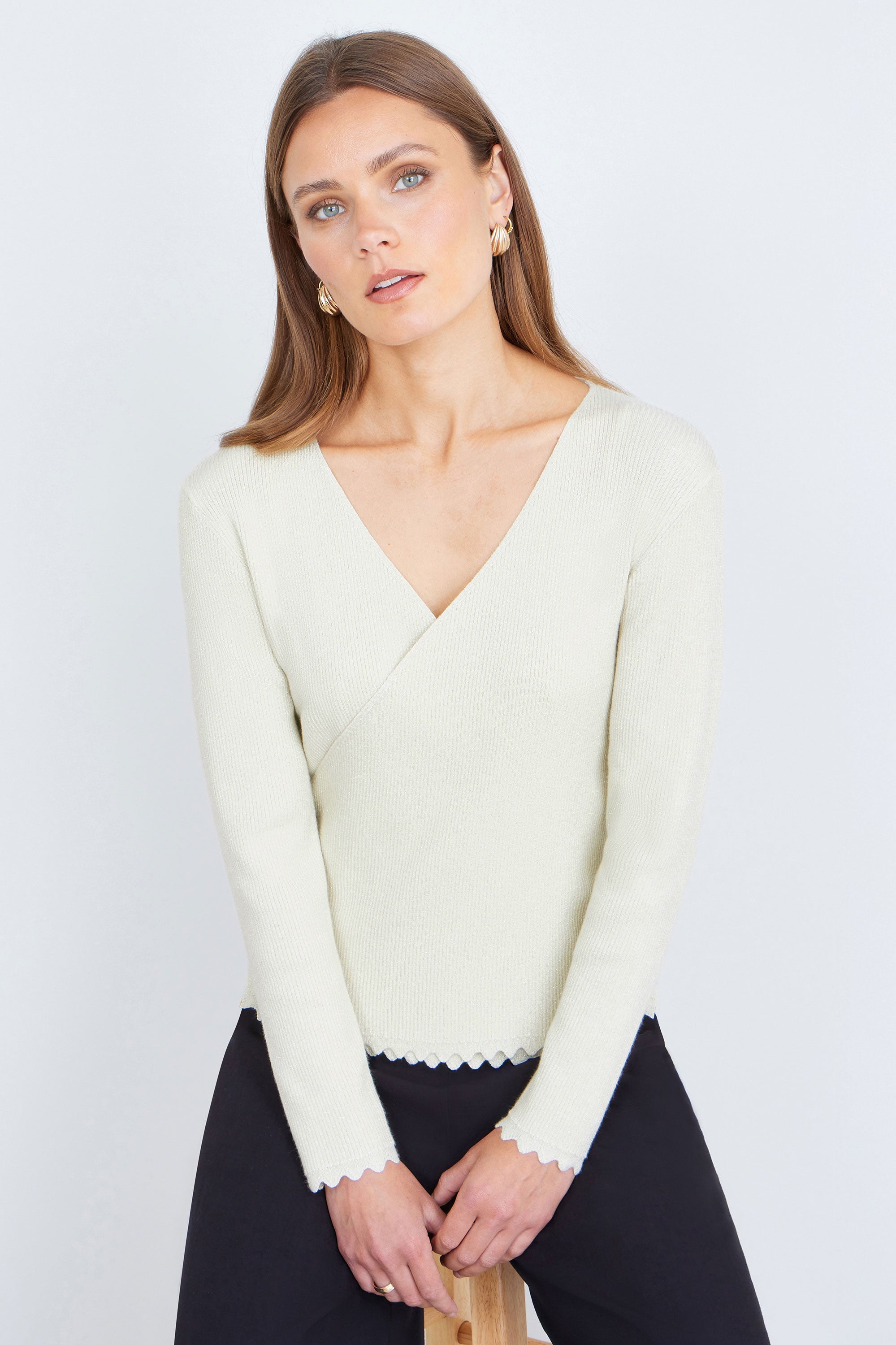 Yumi Ivory Metallic Thread Rib Wrap Knitted Top