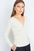 Yumi Ivory Metallic Thread Rib Wrap Knitted Top - QHA UK
